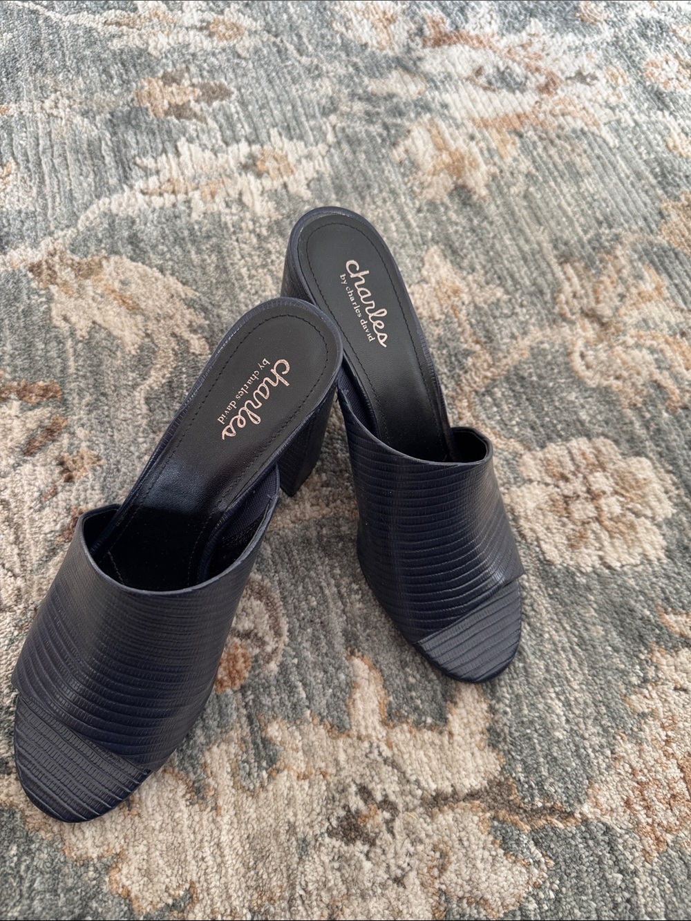Charles by Charles David Black Ribbed Open-Toe Mule Heels